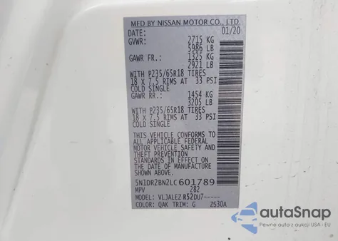 2020 Nissan Pathfinder Sv 2Wd z USA, uszkodzony, nr VIN 5N1DR2BN2LC601789